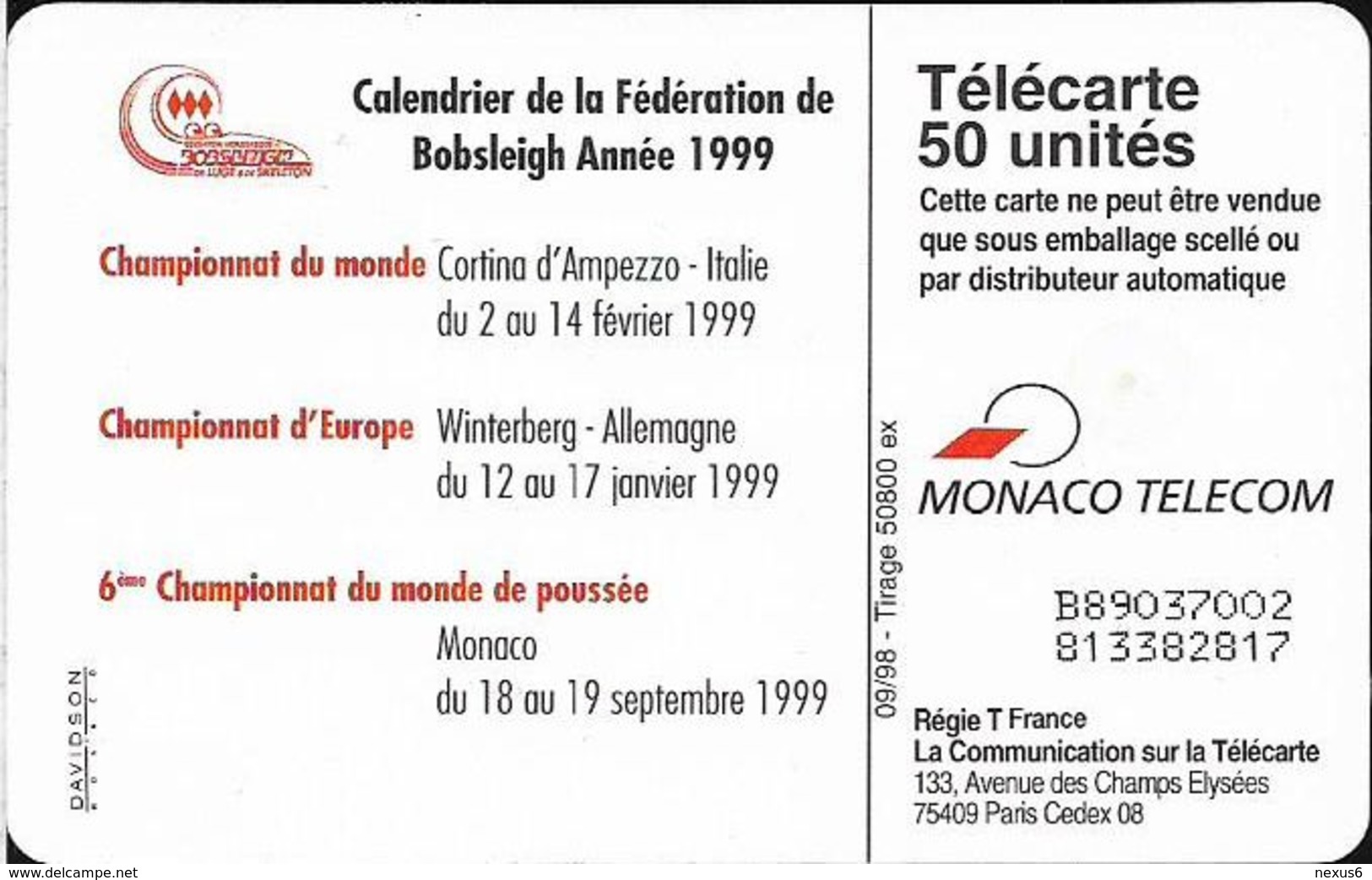 Monaco - Bobsleigh - 04.1998, 50U, 50.800ex, Used - Monaco