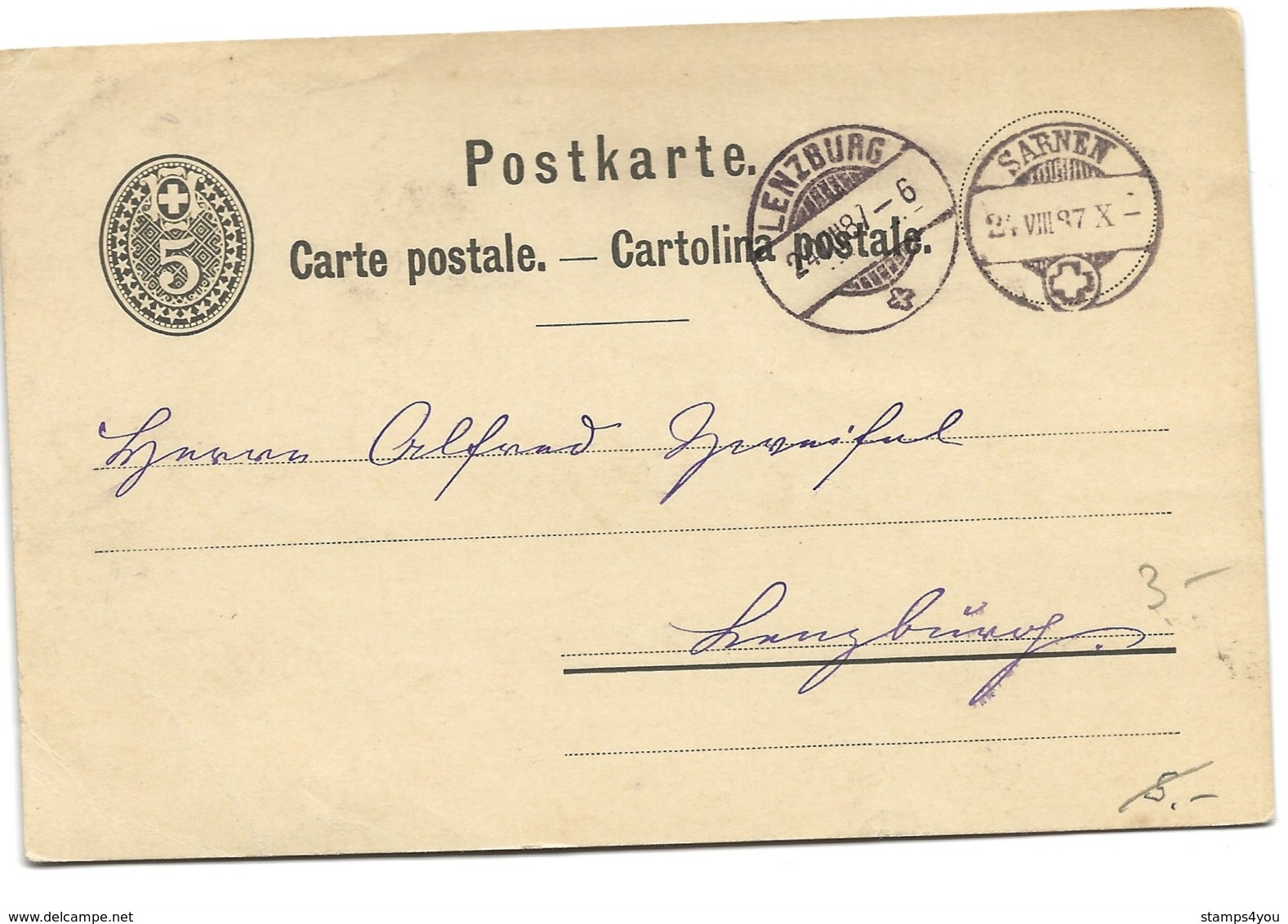 207 - 57 - Entier Postal Avec Cachets à Date Sarnen Et Lenzb Urg 1887 - Interi Postali