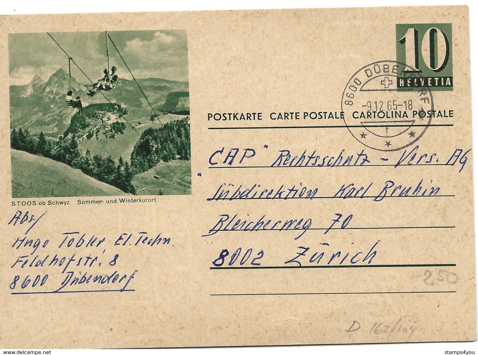 207 - 60 - Entier Postal Avec Illustration "Stoos Ob Schwyz" Superbe Cachet à Date Dübendorf 1965 - Ganzsachen