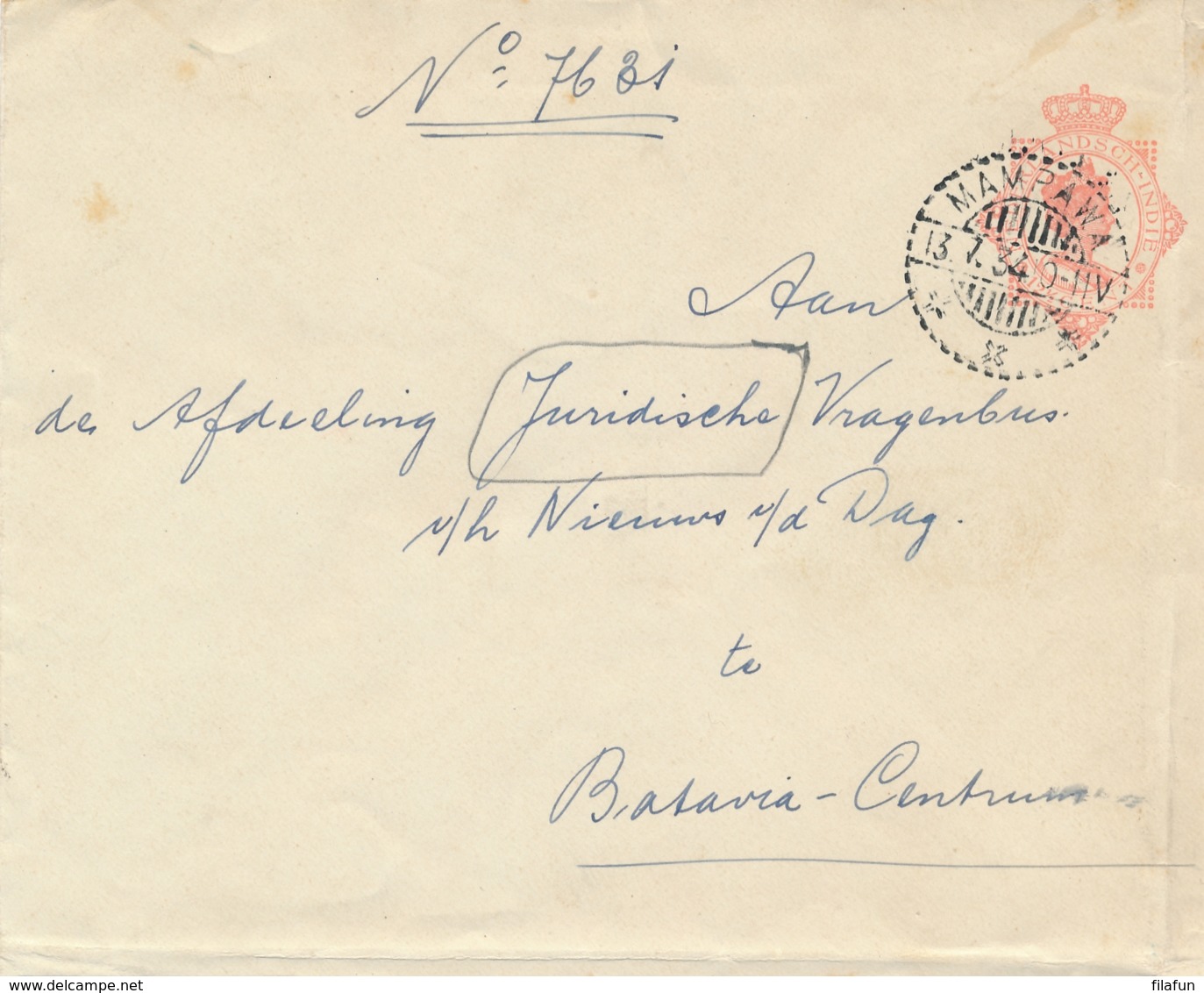 Nederlands Indië - 1934 - 12,5 Cent Envelop Wilhelmina Van LB MAMPAWA Naar Batavia - Nederlands-Indië