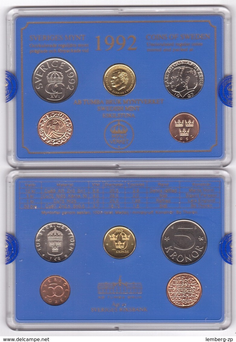 Sweden - Mint Set 4 Coins 50 Ore 1 5 10 Kronor 1992 UNC + Token Lemberg-Zp - Suède