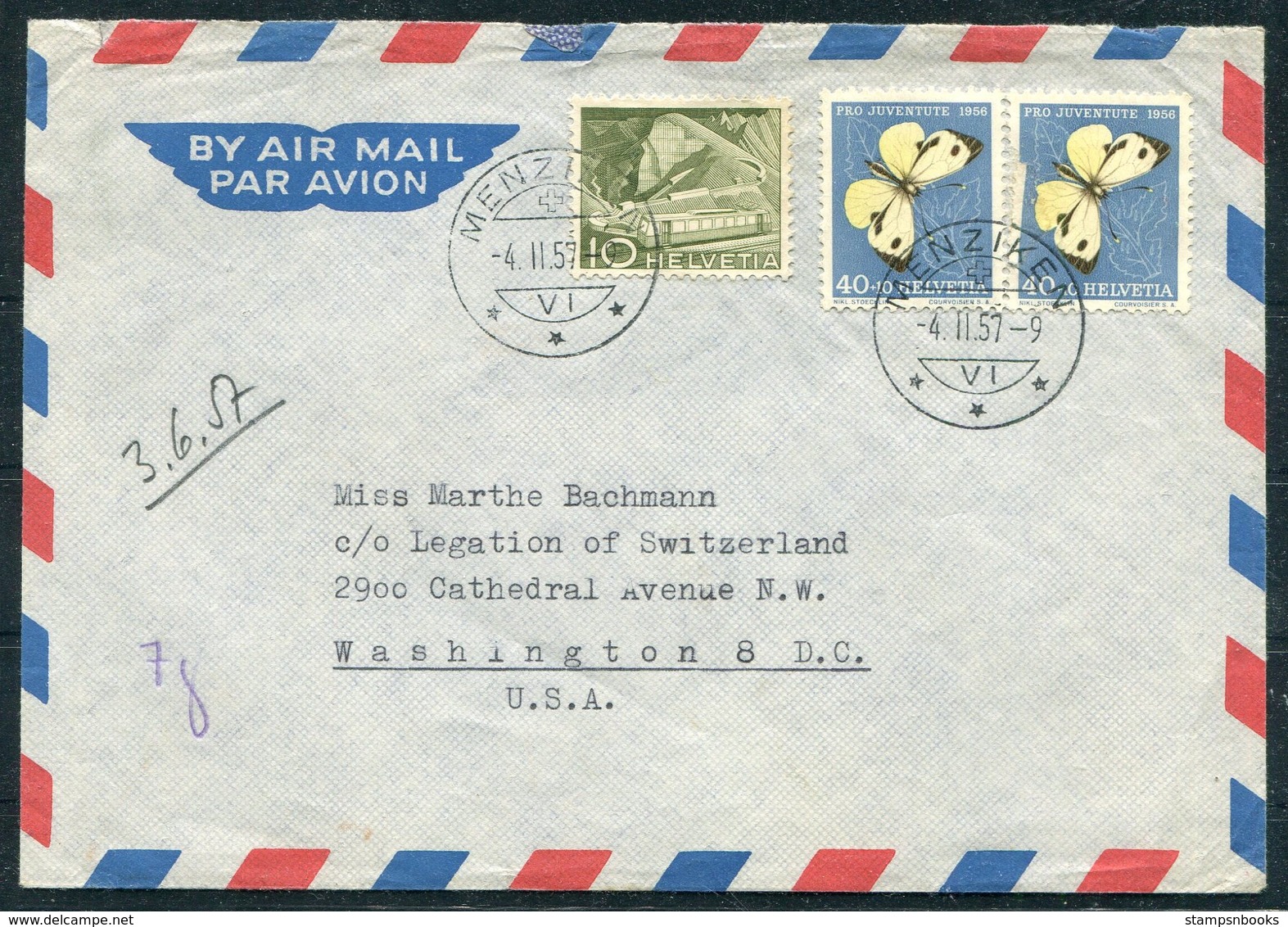 1957 Switzerland Airmail Cover Menziken - Swiss Legation, Washington USA. 1956 Pro Juventute - Covers & Documents