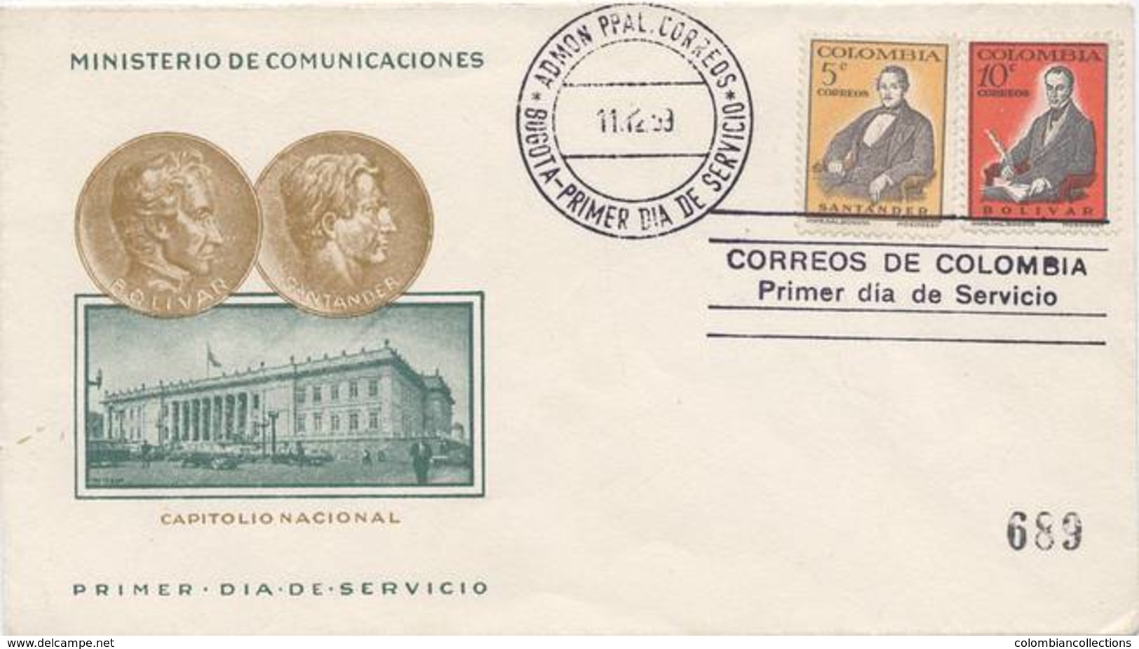 Lote 929-30F, Colombia, 1959, SPD-FDC, Simon Bolivar Y Santander, President - Colombia
