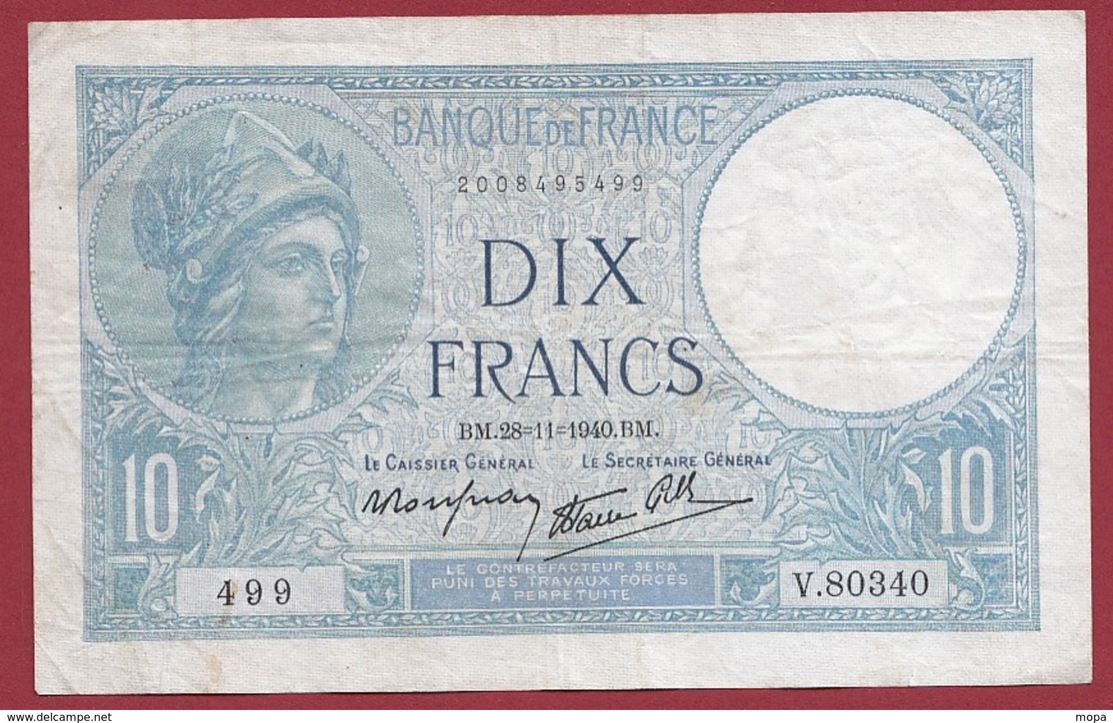 10 Francs "Minerve" Du 28/11/1940.B.M ----VF/SUP----ALPH. V.80340 - 10 F 1916-1942 ''Minerve''