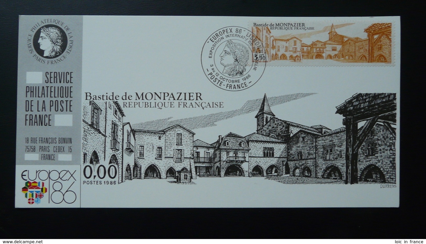 Carte Maximum Card Bastide De Monpazier Dordogne Exposition Europex 1986 Lisbonne - 1980-1989