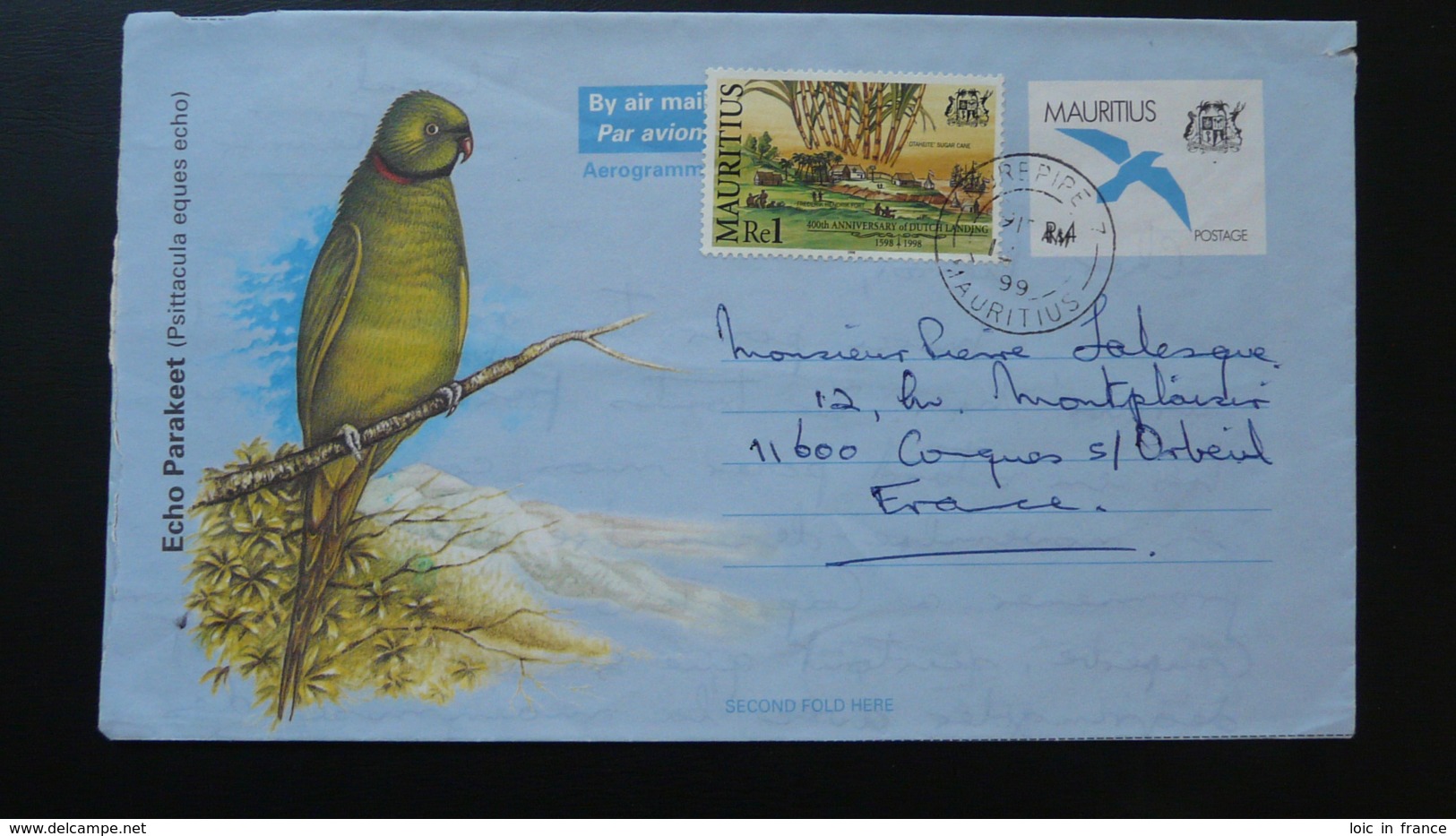 Perroquet Parrot Aerogramme Entier Postal Stationery Ile Maurice Mauritius 1999 - Perroquets & Tropicaux