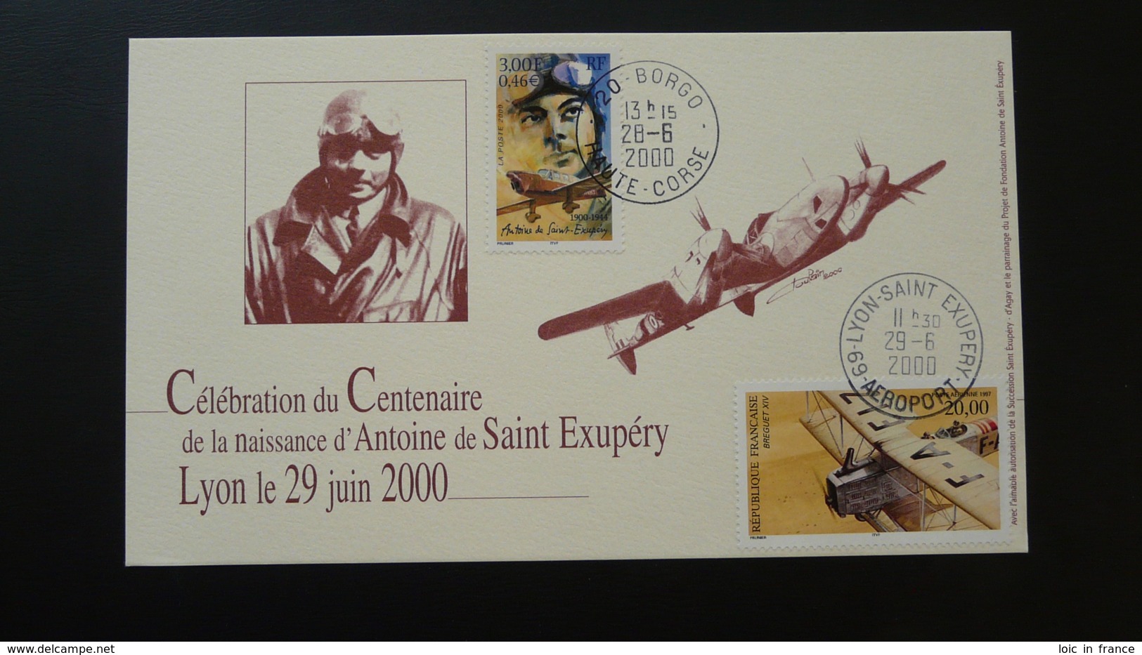 Centenaire Saint Exupéry Carte Maximum Card Poste Aérienne Oblt. Lyon + Borgo Corse 2000 - 2000-2009