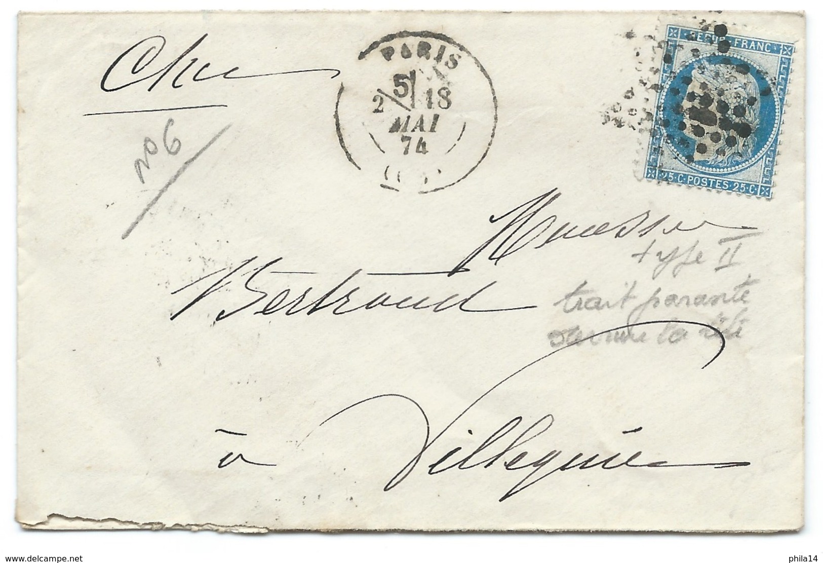 N° 60 BLEU CERES SUR LETTRE / PARIS POUR VILLEQUIERS 1874 - 1849-1876: Période Classique