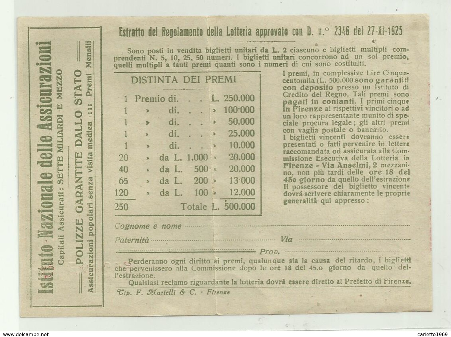 LOTTERIA NAZIONALE PRO UNIONE ITALIANA DEI CIECHI, LIRE DUE, ESTRAZIONE FIRENZE 19 MAGGIO 1927 - Biglietti Della Lotteria