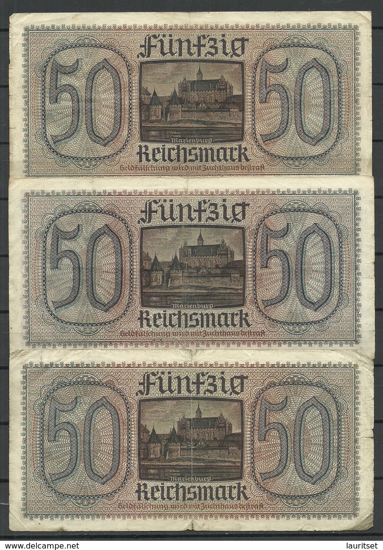 Germany WWII Occupation 1940-1945 Bank Note 50 Reichsmark, 3 Exemplares, Used - 2. WK