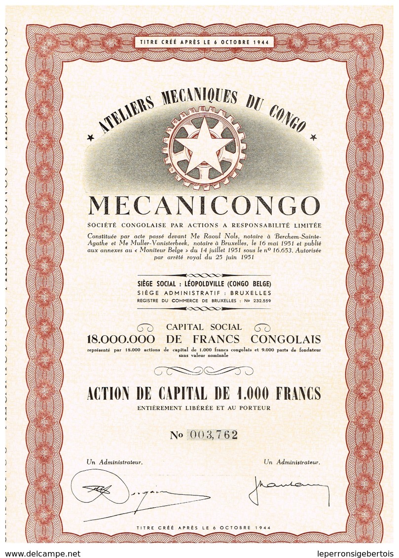 Titre Ancien - Ateliers Mécaniques Du Congo "MECANICONGO"- Sté Congolaire Par Actions à Reponsabilité Limitée - 1951 - Afrika