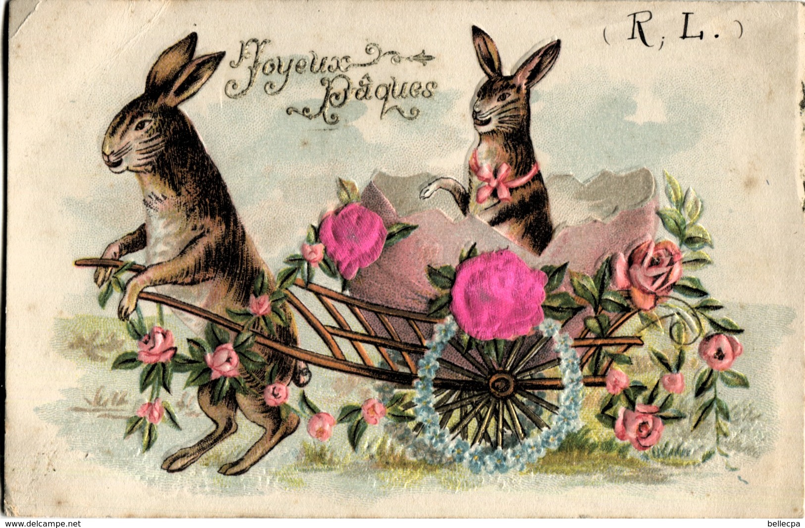 Cpa Fantaisie Joyeuses Paques Gaufrée Lapins-Fleurs-Oeuf - Pâques