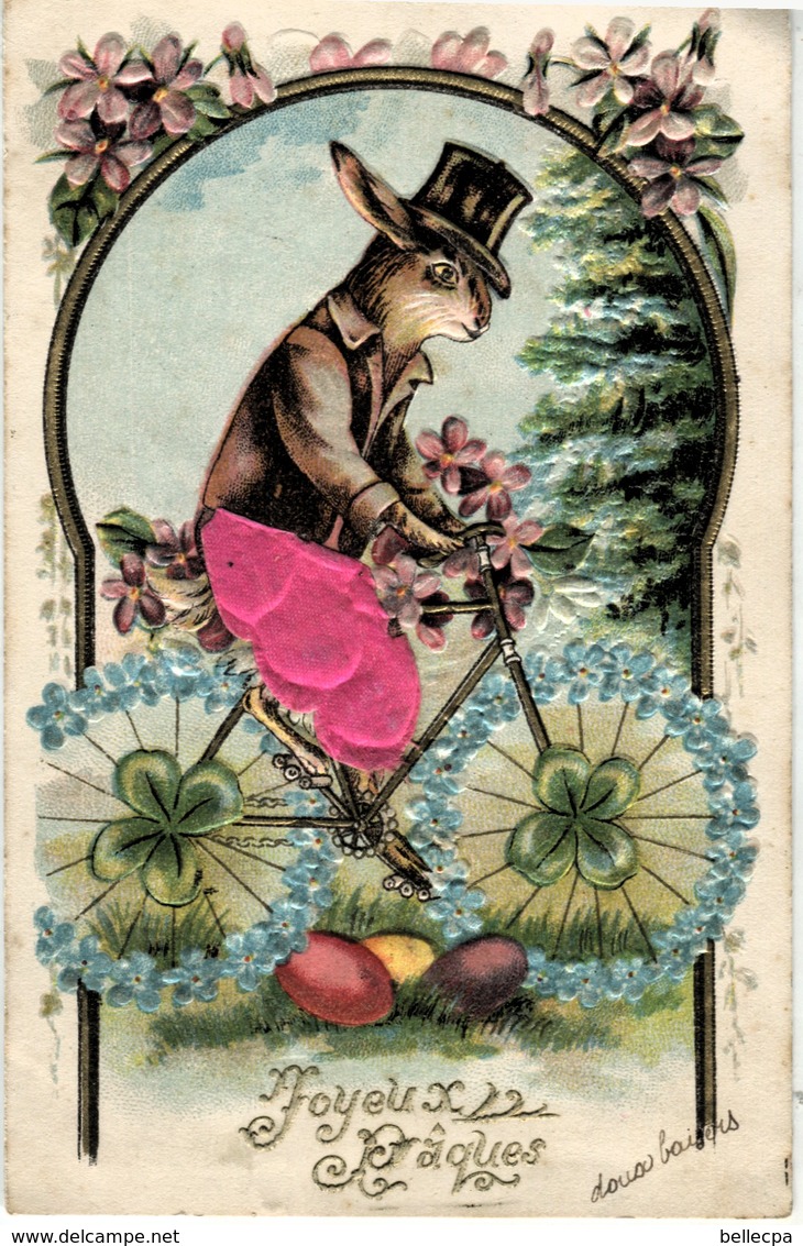 Cpa Fantaisie Joyeuses  Paques Gaufrée Lapin-Trèfles-Fleurs - Pâques