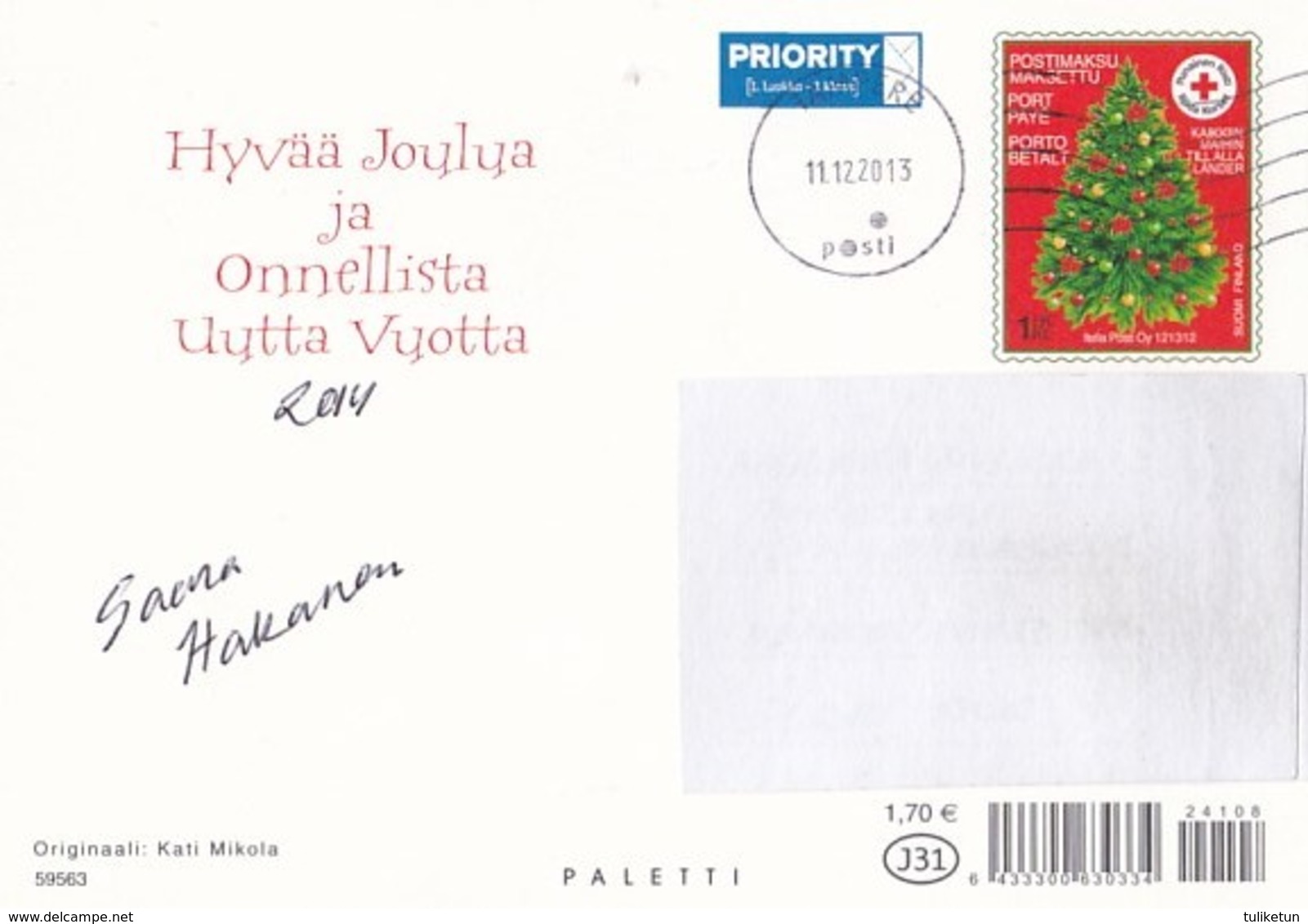 Postal Stationery - Rabbit & Fox Are Looking At Christmas Tree - Red Cross 2013 - Suomi Finland - Postage Paid - Ganzsachen