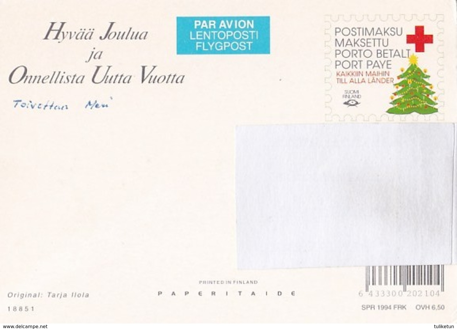 Postal Stationery - Girl Sleeping With Bag In Winter Landscape - Red Cross 1994 - Suomi Finland - Postage Paid - Postal Stationery