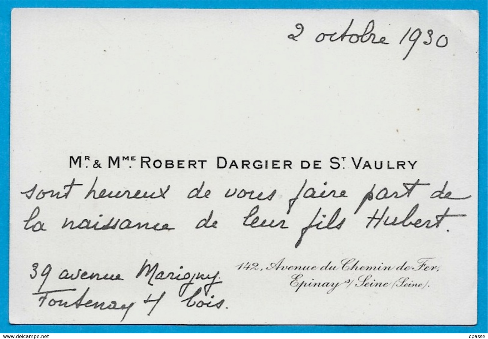 Carte FAIRE-PART De Naissance Mr & Mme ROBERT DARGIER DE ST VAULRY 93 Epinay-sur-Seine - Naissance & Baptême