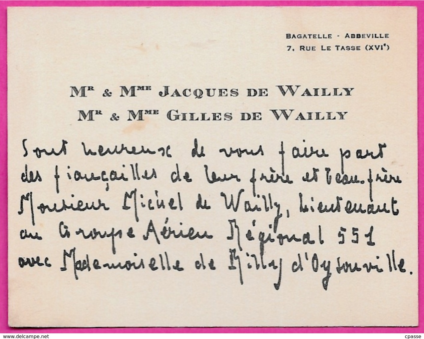 Carte FAIRE-PART De FIANCAILLES Mr Mme JACQUES & GILLES DE WAILLY Bagatelle 75016 Paris - Fiançailles