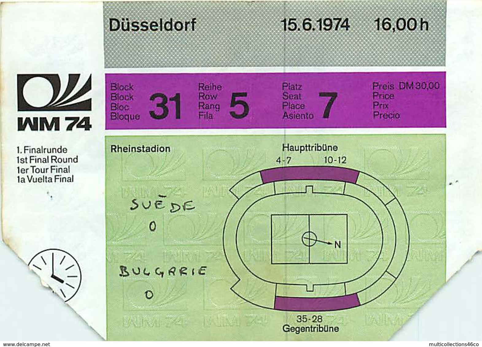 110719A - BILLET TICKET ENTREE FOOTBALL - COUPE DU MONDE 1974 ALLEMAGNE WM74 Stade DUSSELDORF Suède Bulgarie - Other & Unclassified