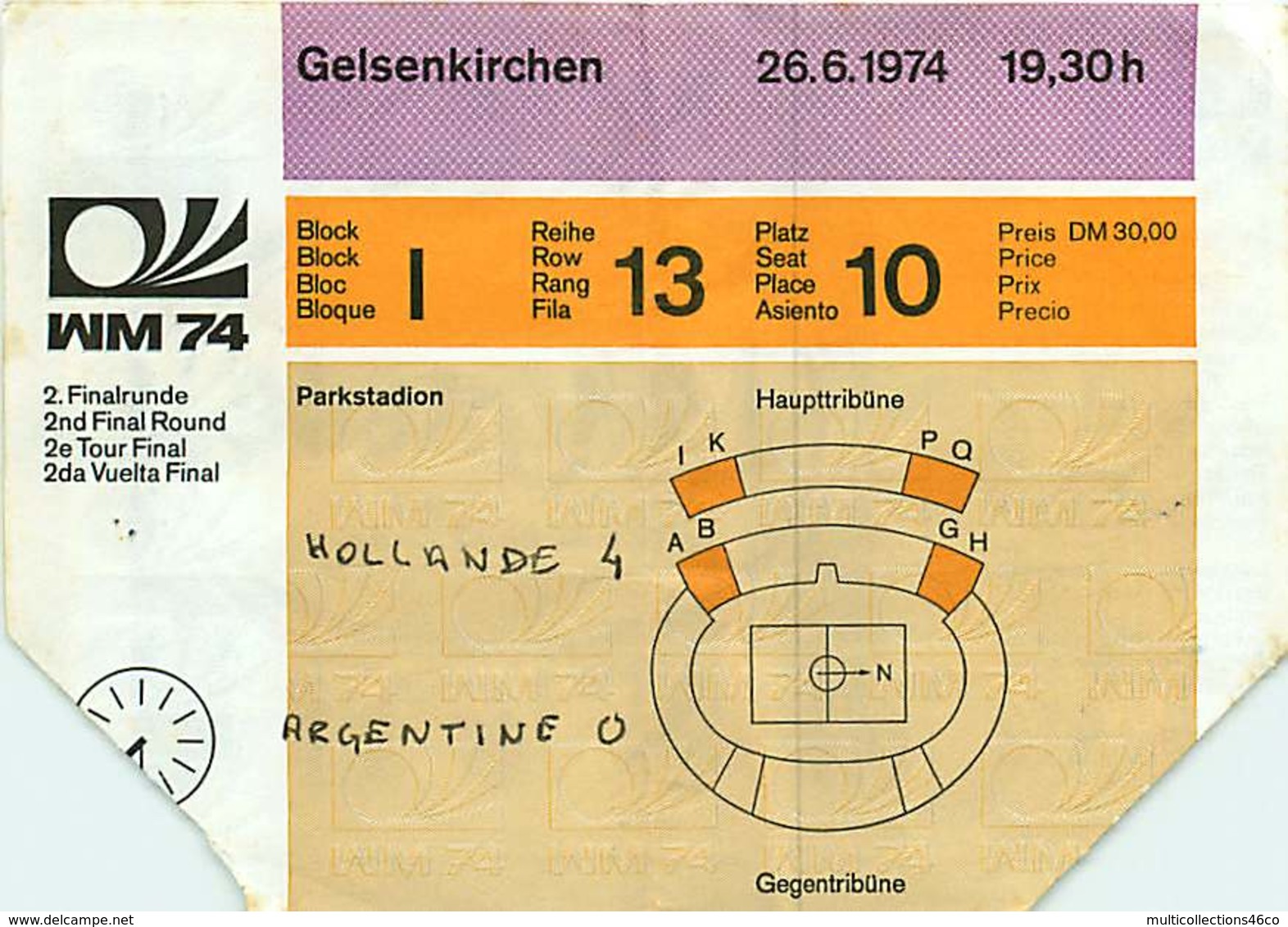 110719A - BILLET TICKET ENTREE FOOTBALL - COUPE DU MONDE 1974 ALLEMAGNE WM74 Stade GELSENKIRCHEN Hollande Argentine - Other & Unclassified