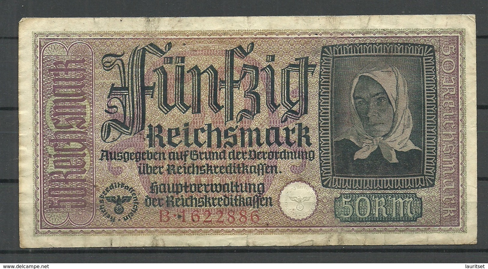 Germany WWII Occupation 1940-1945 Bank Note 50 Reichsmark, Seria B, Used - 2° Guerre Mondiale
