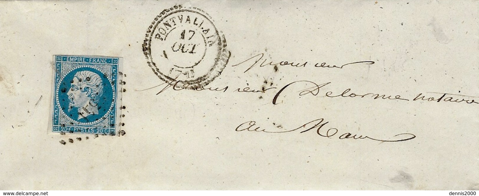 1858- Enveloppe De PONTVALLAIN ( Sarthe ) Cad T22 Affr. N°14 Oblit. P C 2541 - 1849-1876: Periodo Classico