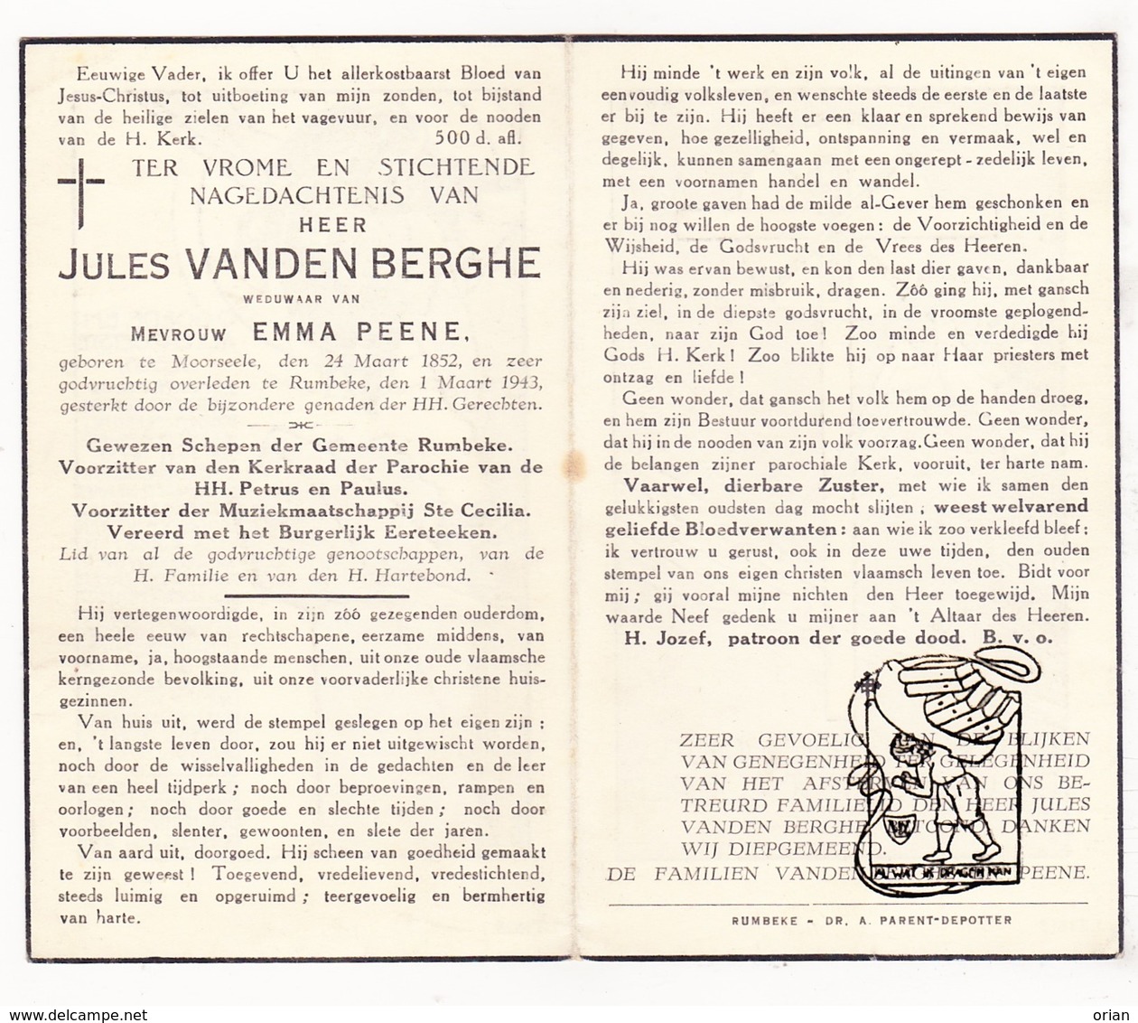 DP Schepen - Jules VandenBerghe ° Moorsele Wevelgem 1852 † Rumbeke Roeselare 1943 X E. Peene / Muziek St.-Cecilia - Images Religieuses