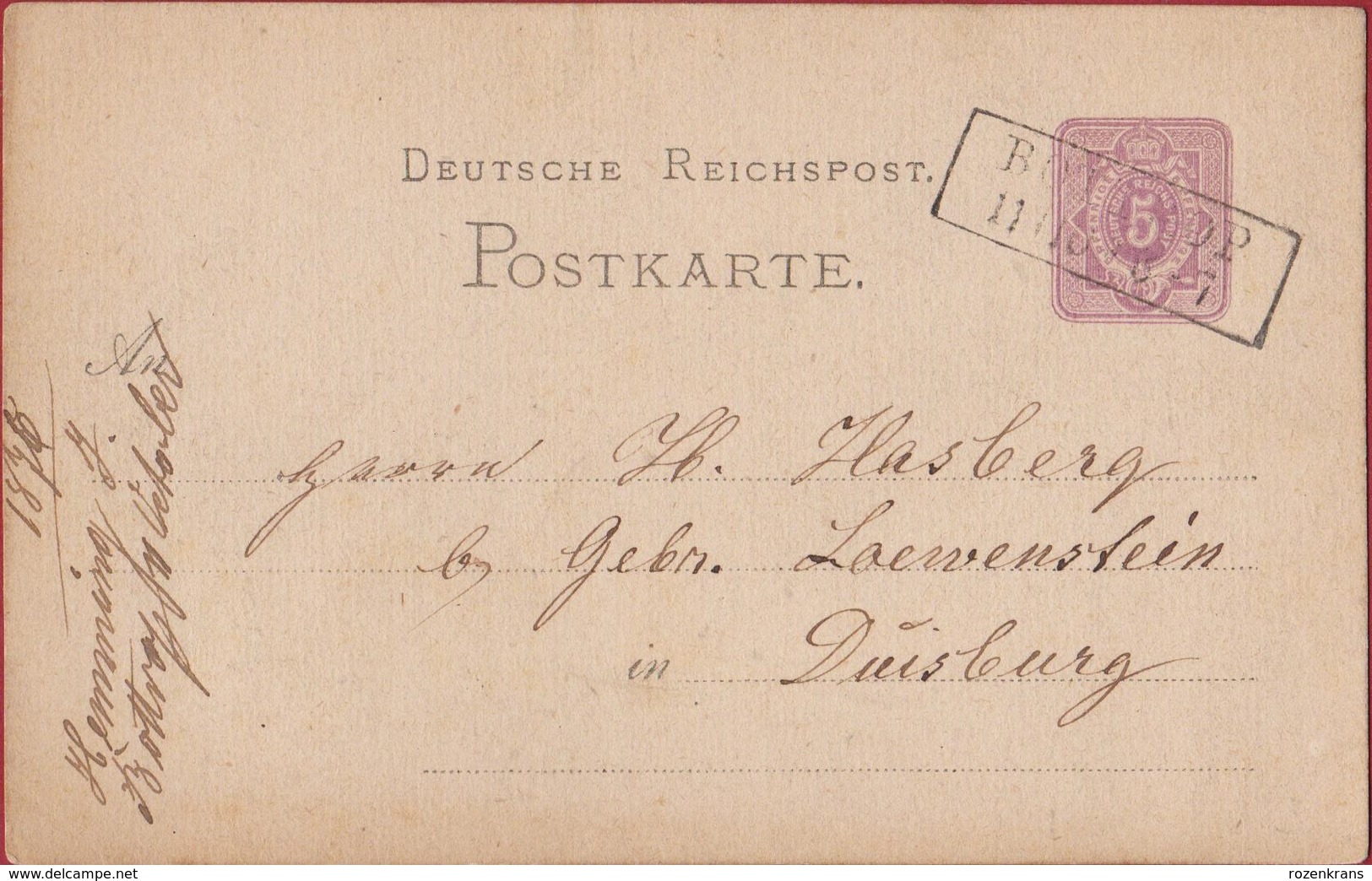 Very Early Old Postcard Deutsche Reichspost Reichs Post 5 Pfenninge Postkarte Correpondens Karte 1878 Duisburg - Lettres & Documents