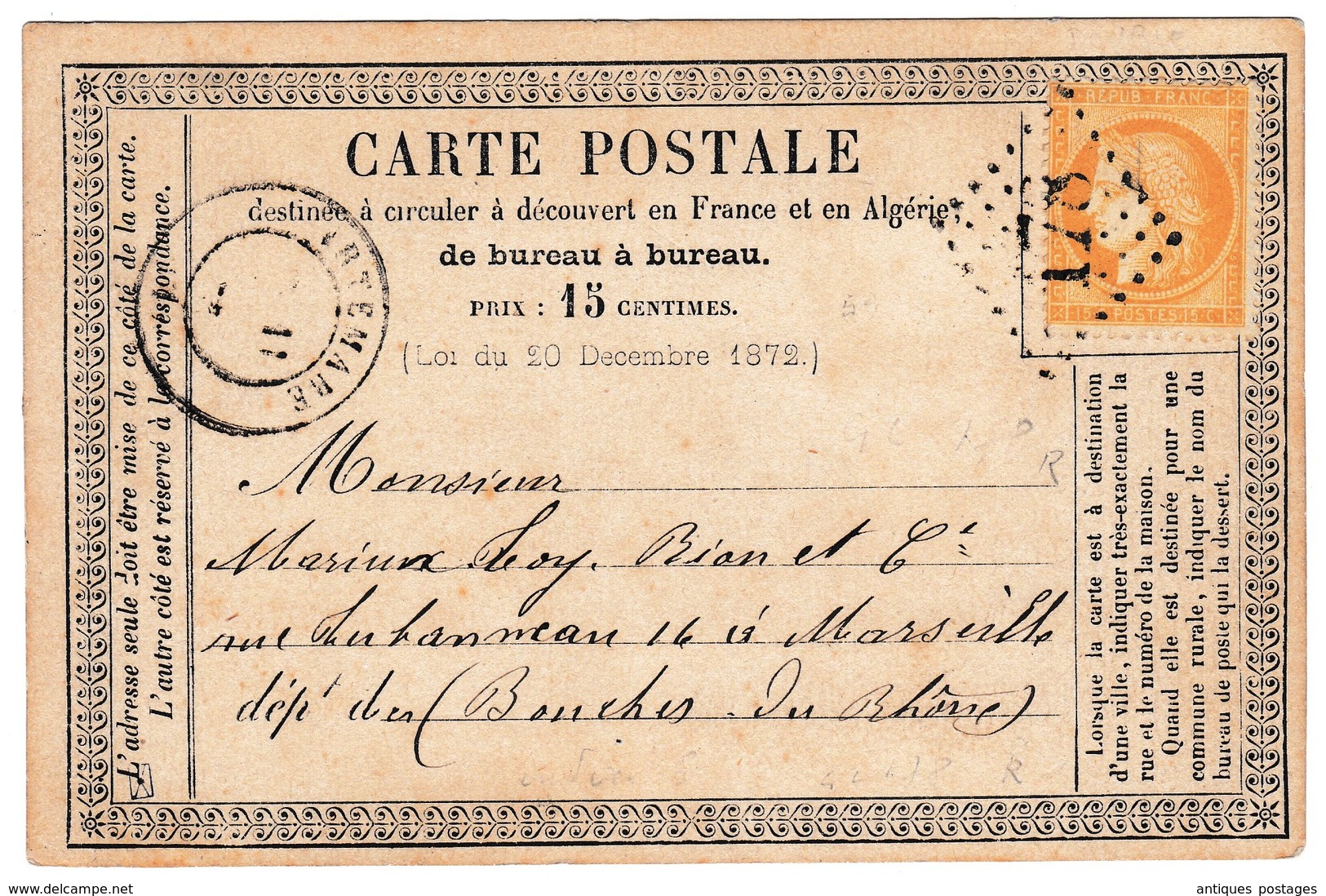 Carte Postale Artemare Ain 1873 Cachet Gros Chiffres 178  Marseille Bouches Du Rhône Timbre Cérès 15 Centimes - 1871-1875 Cérès