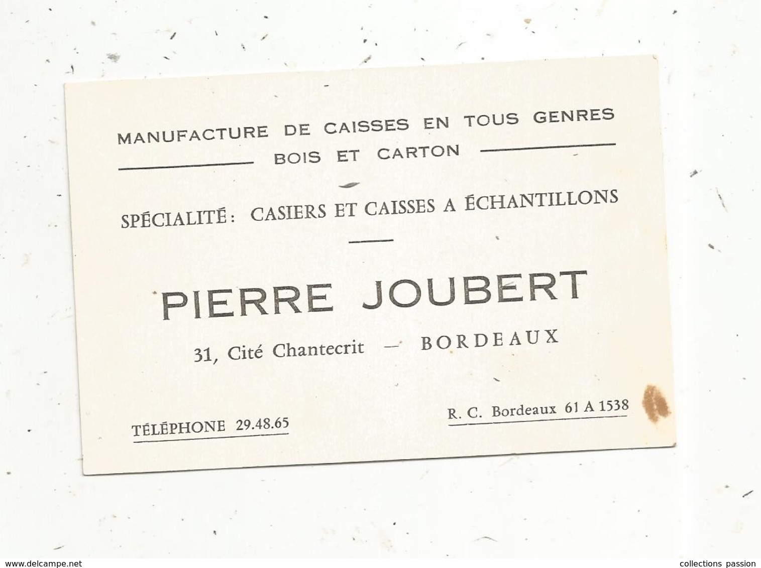 Carte De Visite ,manufacture De Caisses Bois Et Carton ,  P. Joubert ,  33 ,  Bordeaux - Visitenkarten
