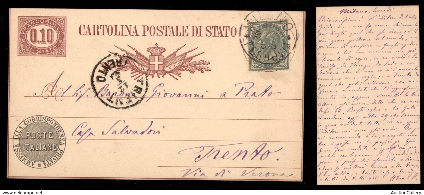 REGNO - Cartolina Postale Di Stato (3) Con Complementare (16) Da Milano A Trento - Other & Unclassified