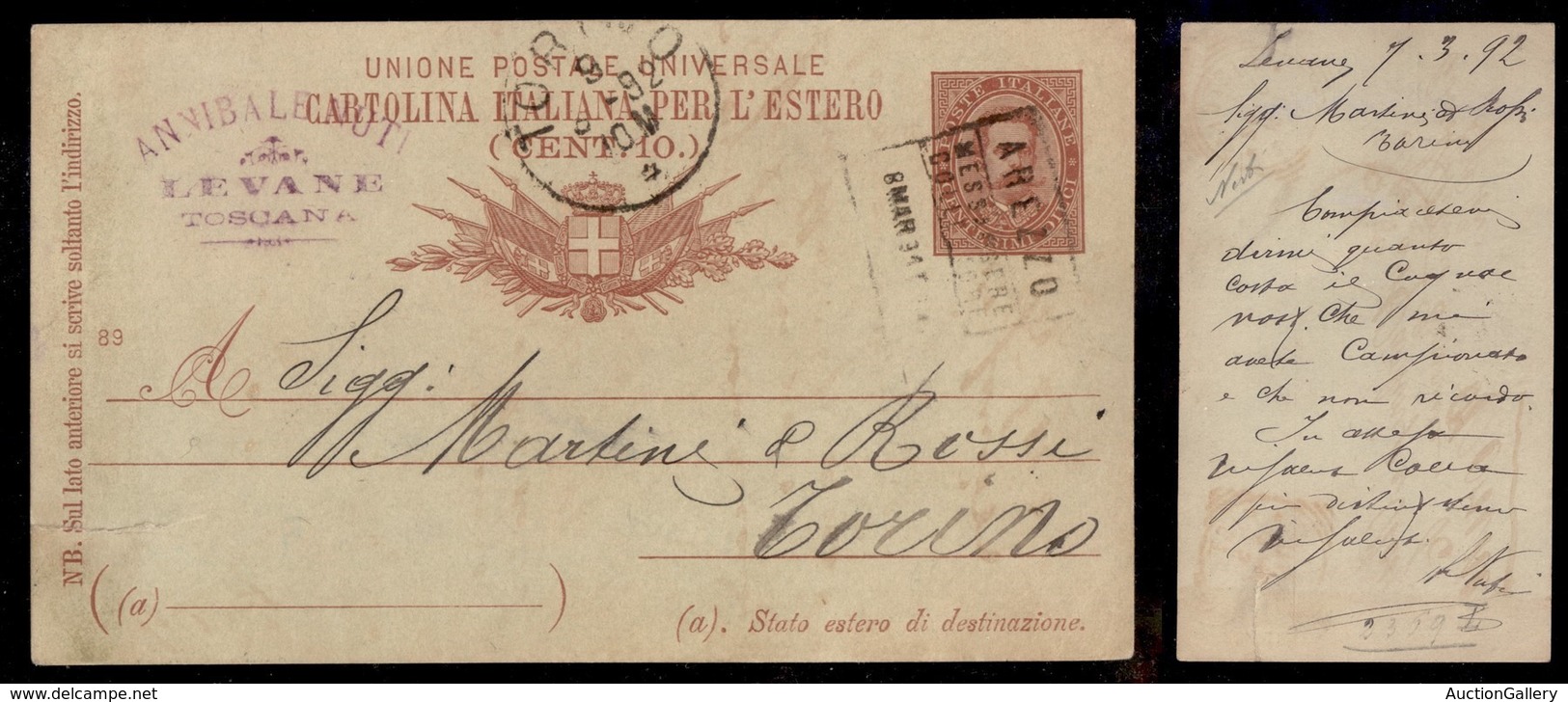 REGNO - Arezzo Messaggere Collettore - Cartolina Postale Da 10 Cent Per Torino Del 8.3.92 - Other & Unclassified