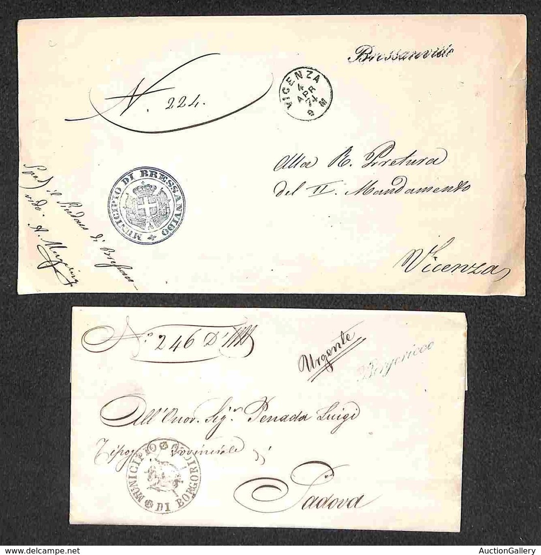 REGNO - 1874/1875 - Due Pieghi In Franchigia Con Corsivi Di Collettoria (Borgoriccio - Bressanvido) - Autres & Non Classés
