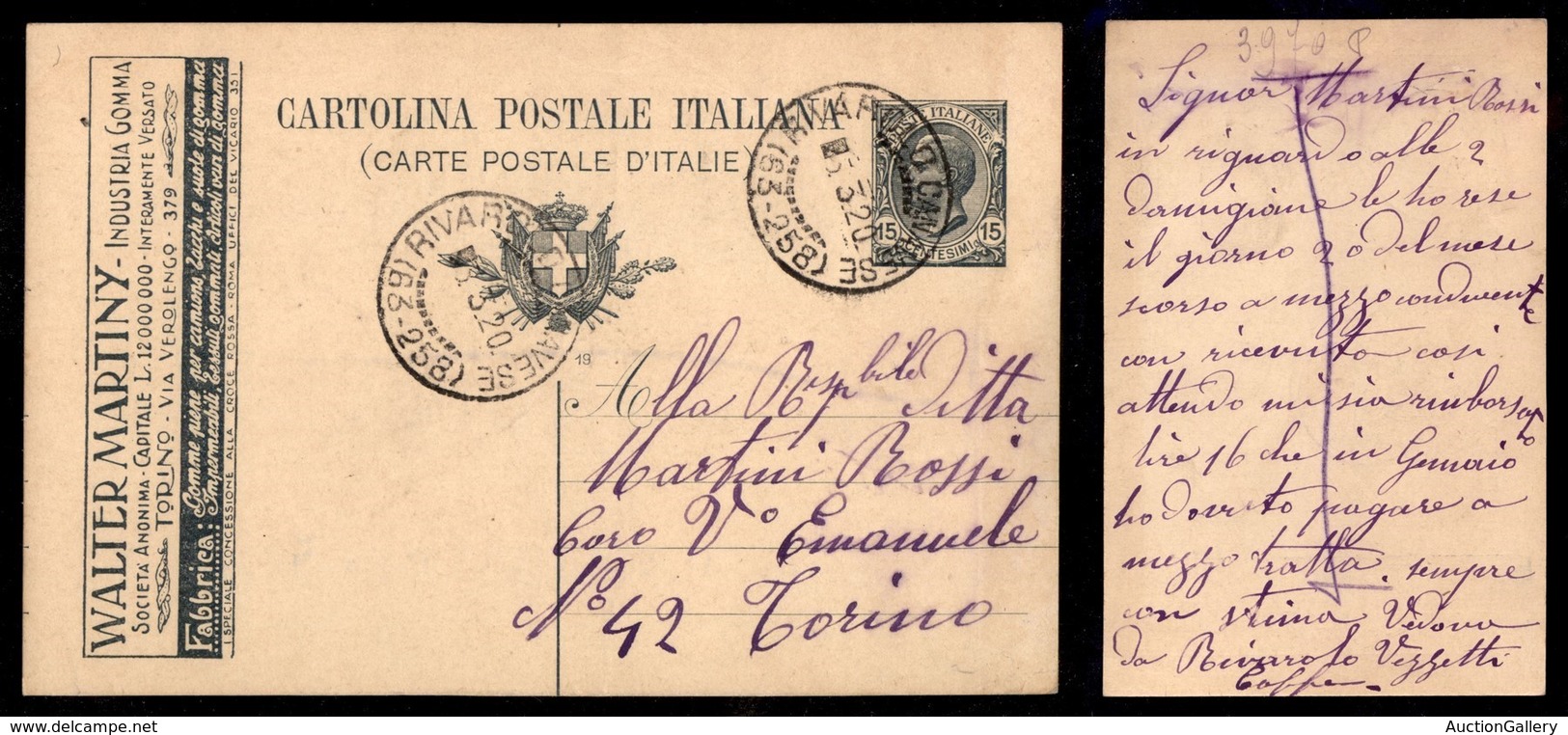 REGNO - Walter Martiny - Cartolina Postale Da 15 Cent (R2/21) Per Il Distretto Da Rivarolo A Torino Del 5.3.20 - Autres & Non Classés