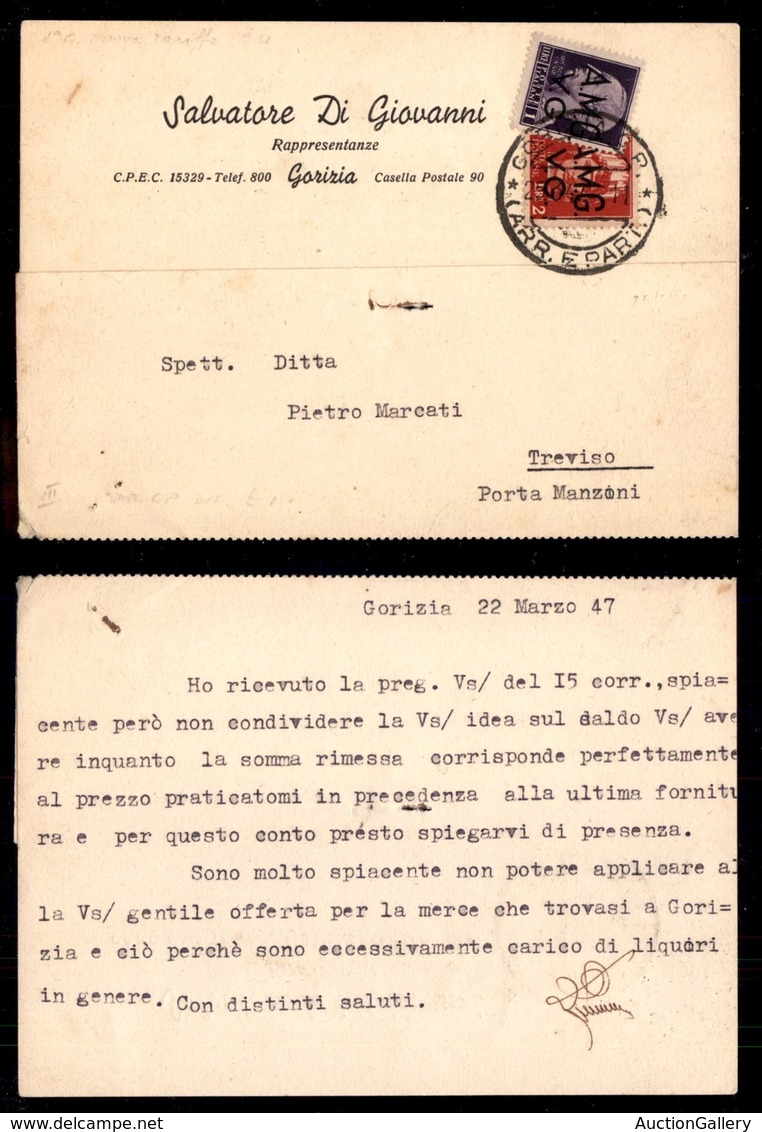 TRIESTE AMG VG - Cartolina Da Gorizia A Treviso Del 25.3.47 Con Affrancatura Di 3 Lire (8 + 9) Non Regolare Per La Nuova - Autres & Non Classés