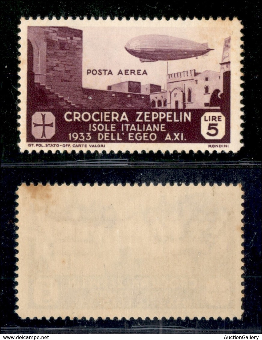 COLONIE - Egeo - 1933 - 5 Lire Zeppelin (23) - Gomma Integra - Lieve Ingiallimento In Angolo (450) - Otros & Sin Clasificación