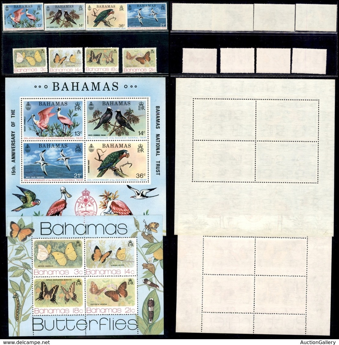 BAHAMAS - 1974/1975 - Uccelli E Farfalle (370/373 + 378/381 + Block 11 + 13) - 2 Serie Complete + 2 Foglietti - Gomma In - Other & Unclassified