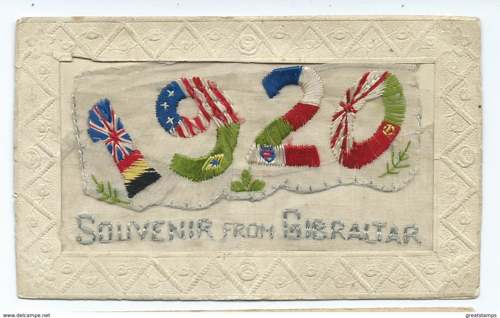 GIBRALTAR   A Souvenir From Gibraltar Silk Card 1920 Unused - Bordados