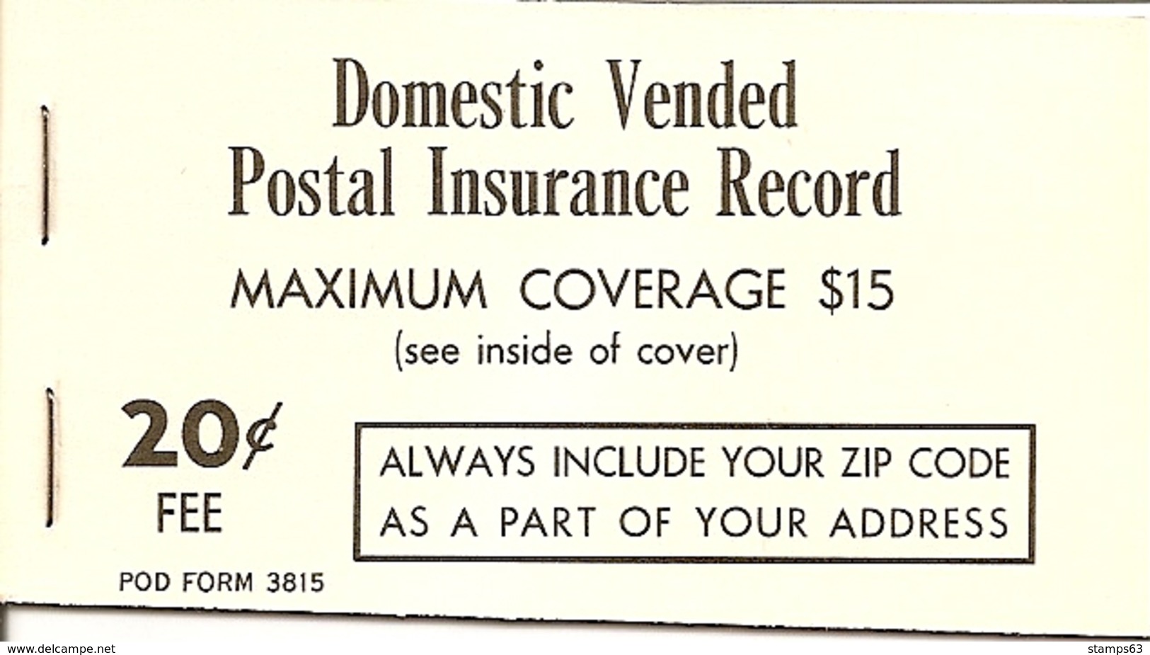 UNITED STATES (USA), Parcel Post Insurance Booklet, QI 3, Mi MH V3 - Andere & Zonder Classificatie