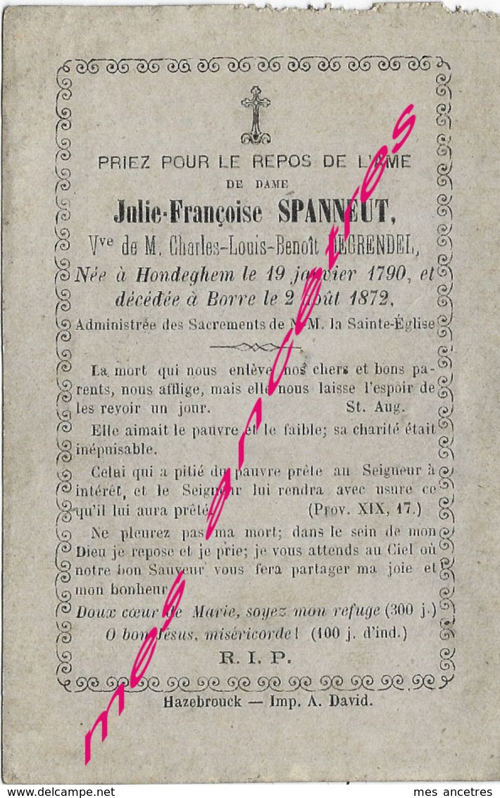 En 1872 Hondeghem  Et Borre (59) Julie SPANNEUT Ep Charles DEGRENDEL Né En 1790 - Esquela