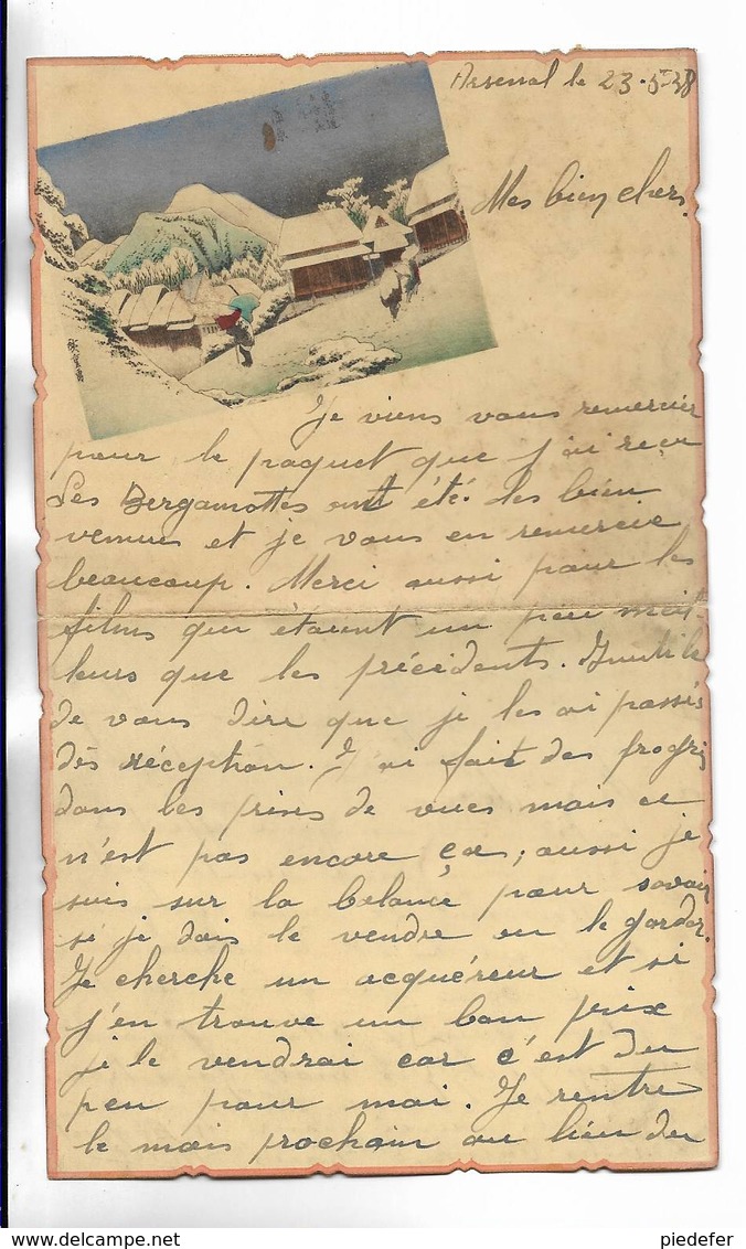CHINE - Lettre Correspondance écrite De ARSENAL ( TIENTSIN ) En 1938 - Belle Illustration En Début De Page - Documentos Históricos
