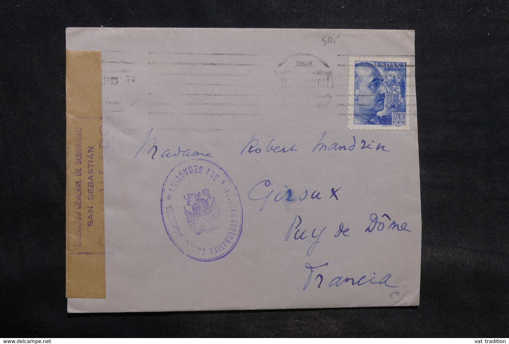 ESPAGNE - Enveloppe De Barcelone Pour La France Avec Contrôle Postal De San Sebastian - L 34528 - Marcas De Censura Nacional