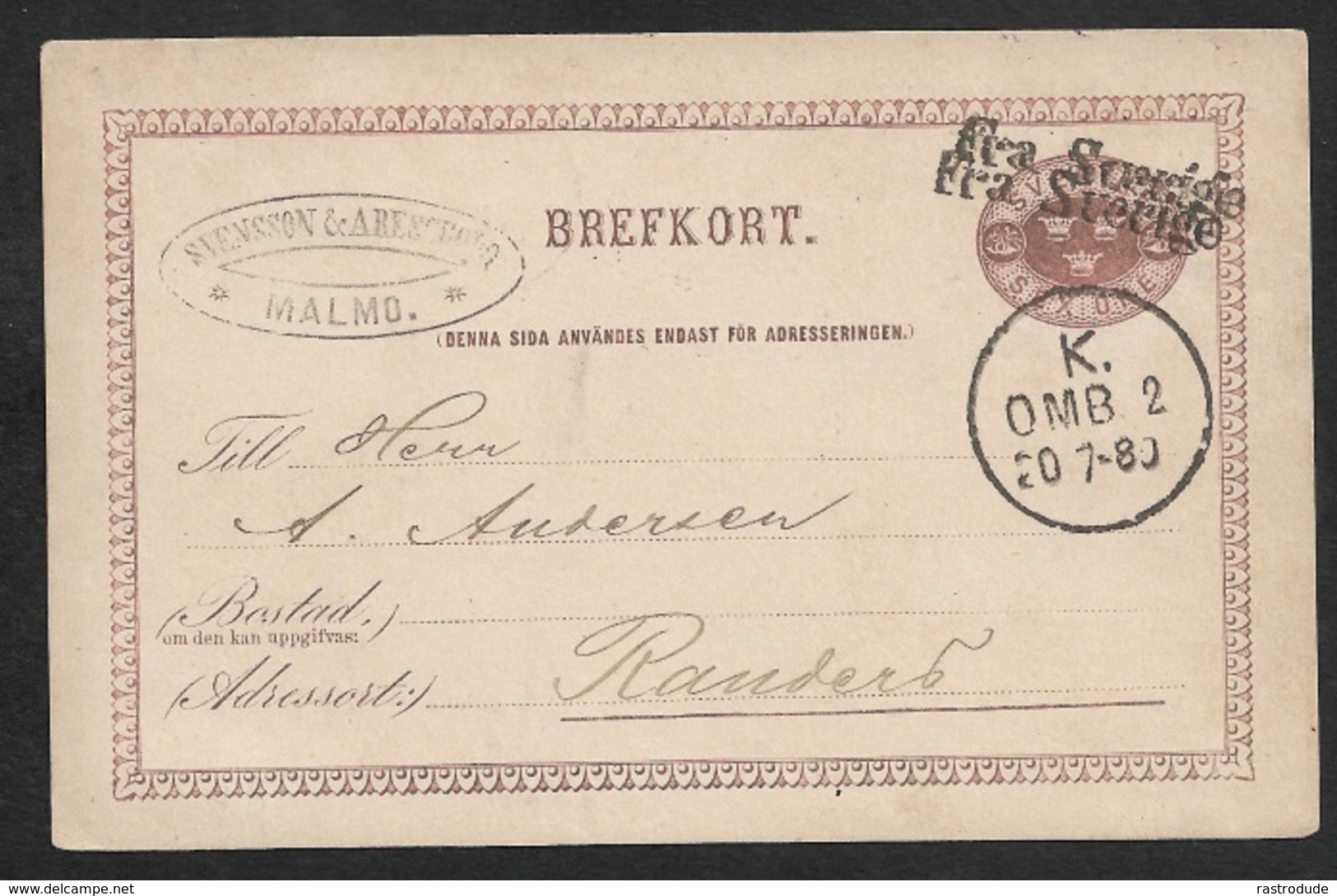 1880 - Schweden Seepost - GZ Mi.P7 - FRA SVERIGE X 2 - Abfertgsstpl. K /OMB 2/ 20.7.88 Nach RANDERS - Ganzsachen