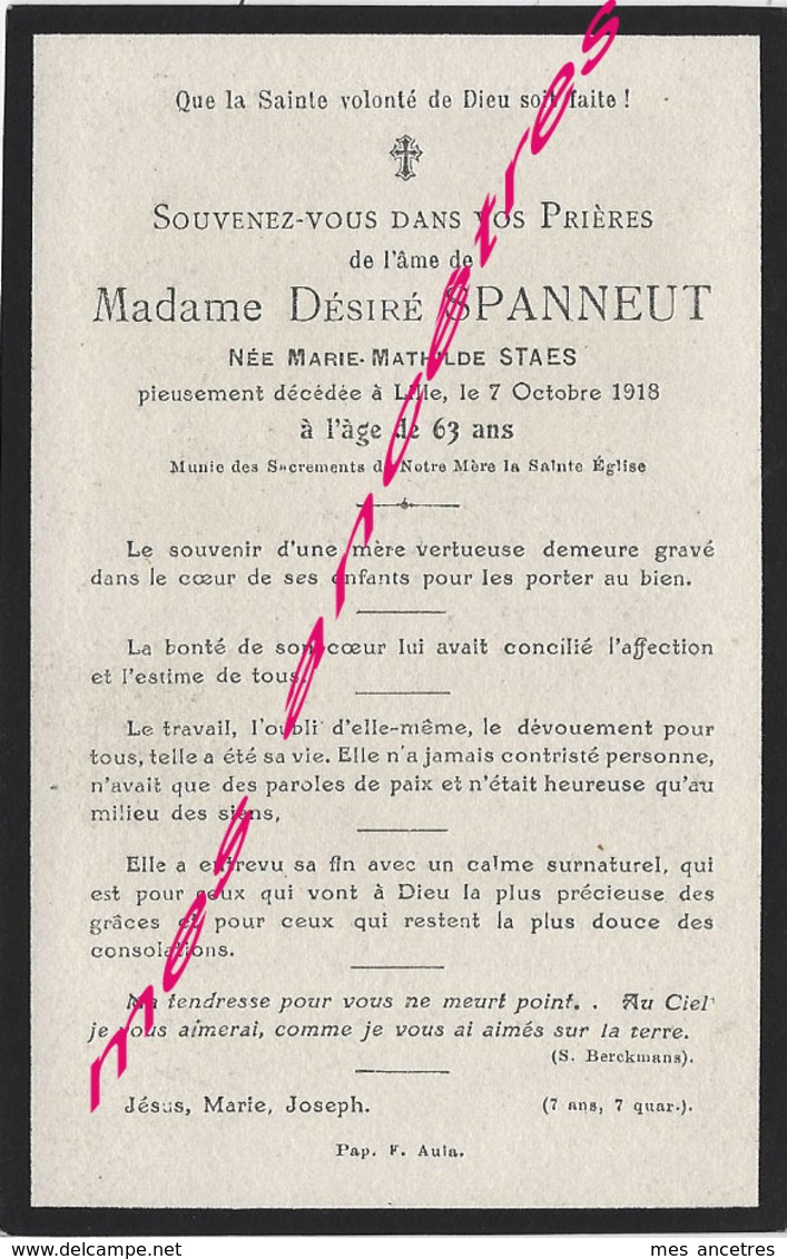 En 1918 Lille (59)  Mme Désiré SPANNEUT Ep Marie Mathilde STAES 63 Ans - Décès