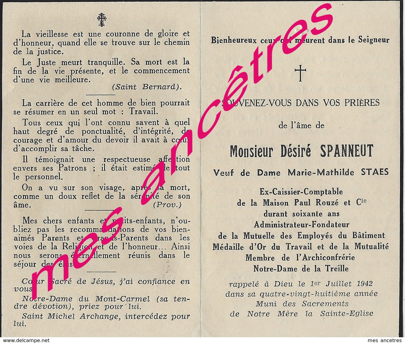 1942 Lille-Désiré SPANNEUT-Maison Paul Rouzé-mutuelle Emplyés Bâtiments-archiconfrérie Notre Dame De La Treille-ep STAES - Décès