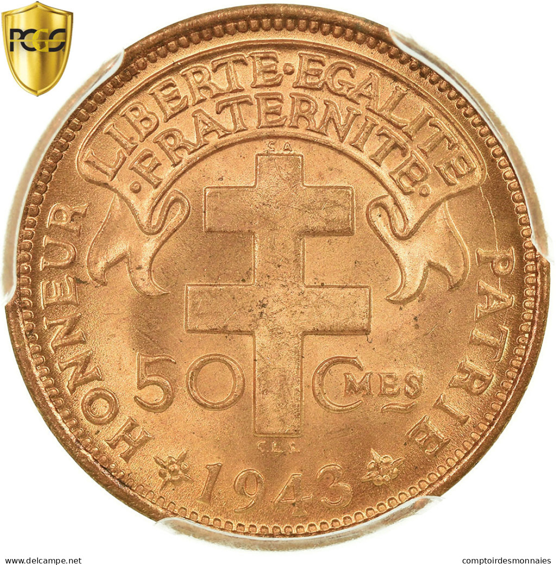 Monnaie, Cameroun, 50 Centimes, 1943, Pretoria, PCGS, MS65RD, Bronze, KM:6 - Camerún