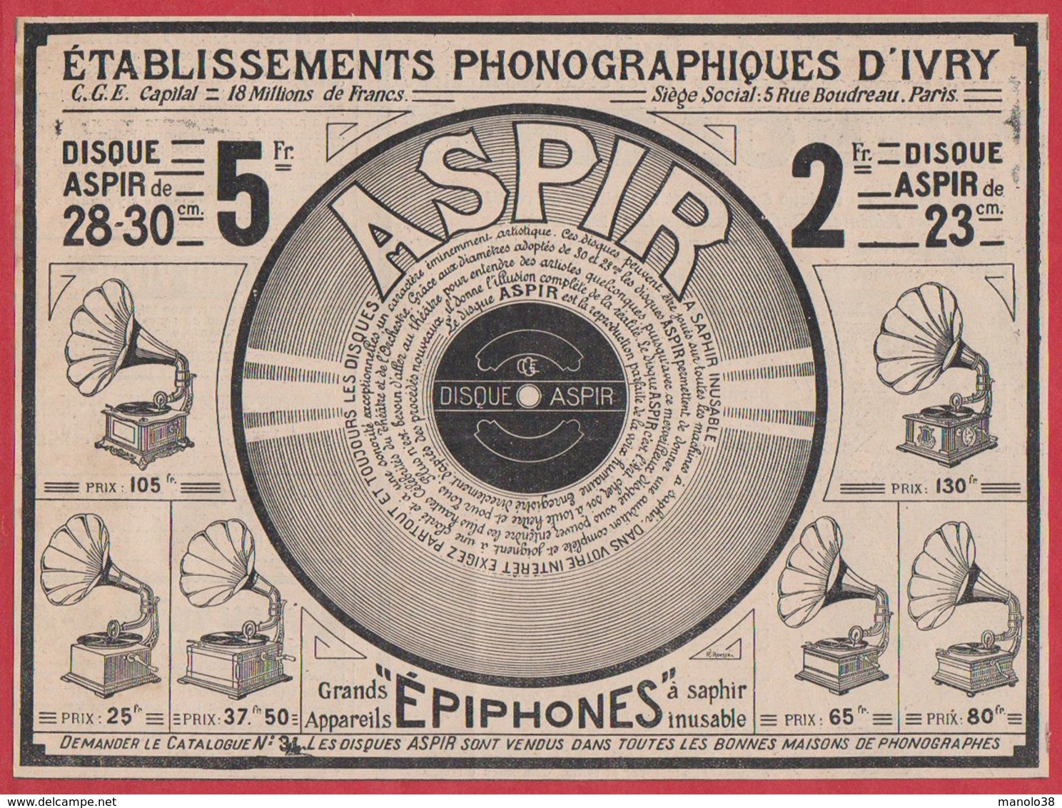 Etablissements Phonographiques D Ivry. Phonographe, Disque Aspir. 1909. - Reclame