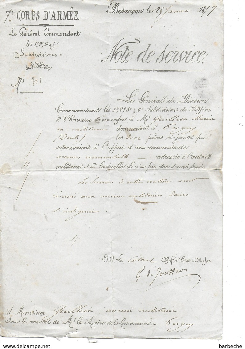 25.- BESANÇON - 7e CORPS D' ARMEE  - Note De Service - 1877 - Sonstige & Ohne Zuordnung