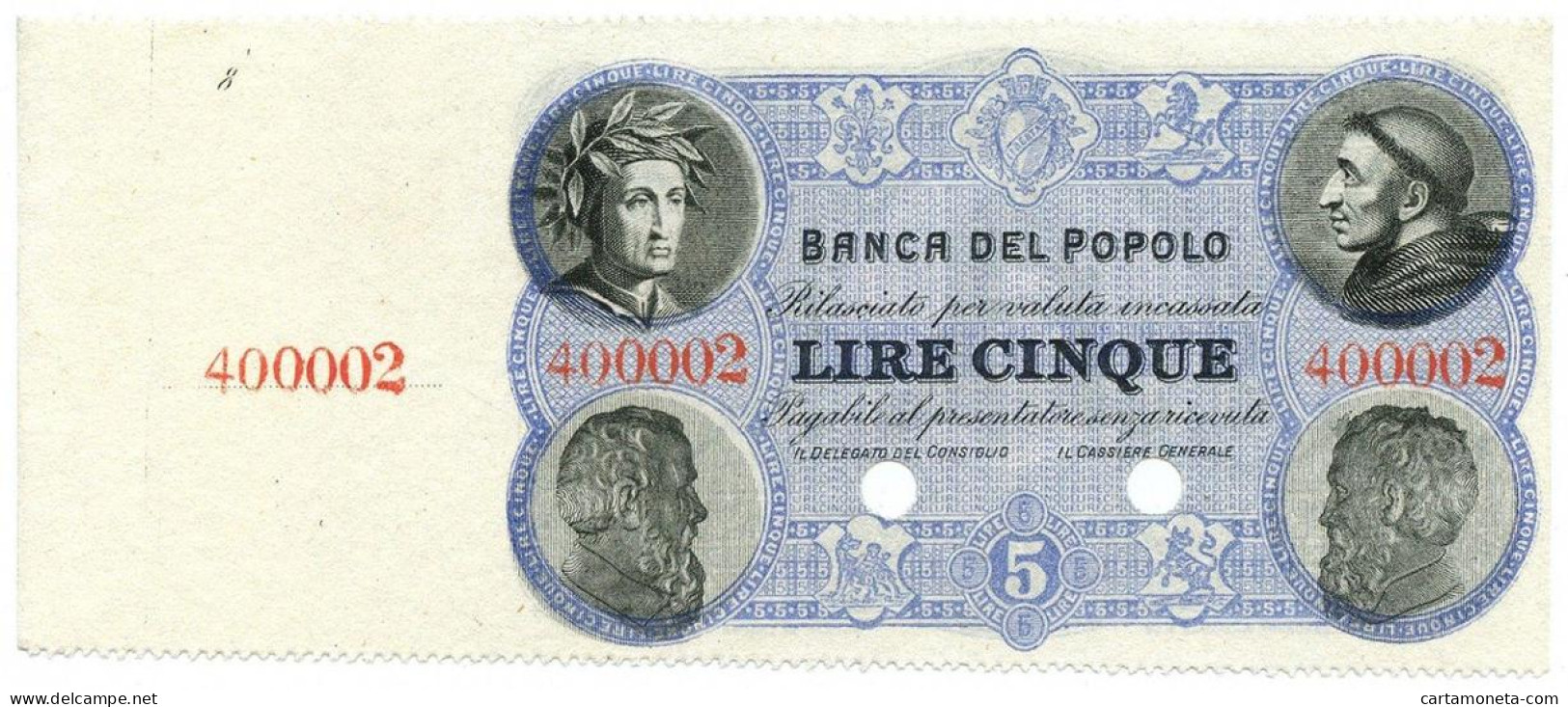 5 LIRE SPECIMEN CON MATRICE FIDUCIARIO BANCA DEL POPOLO FIRENZE 07/12/1871 FDS - [ 8] Falsi & Saggi