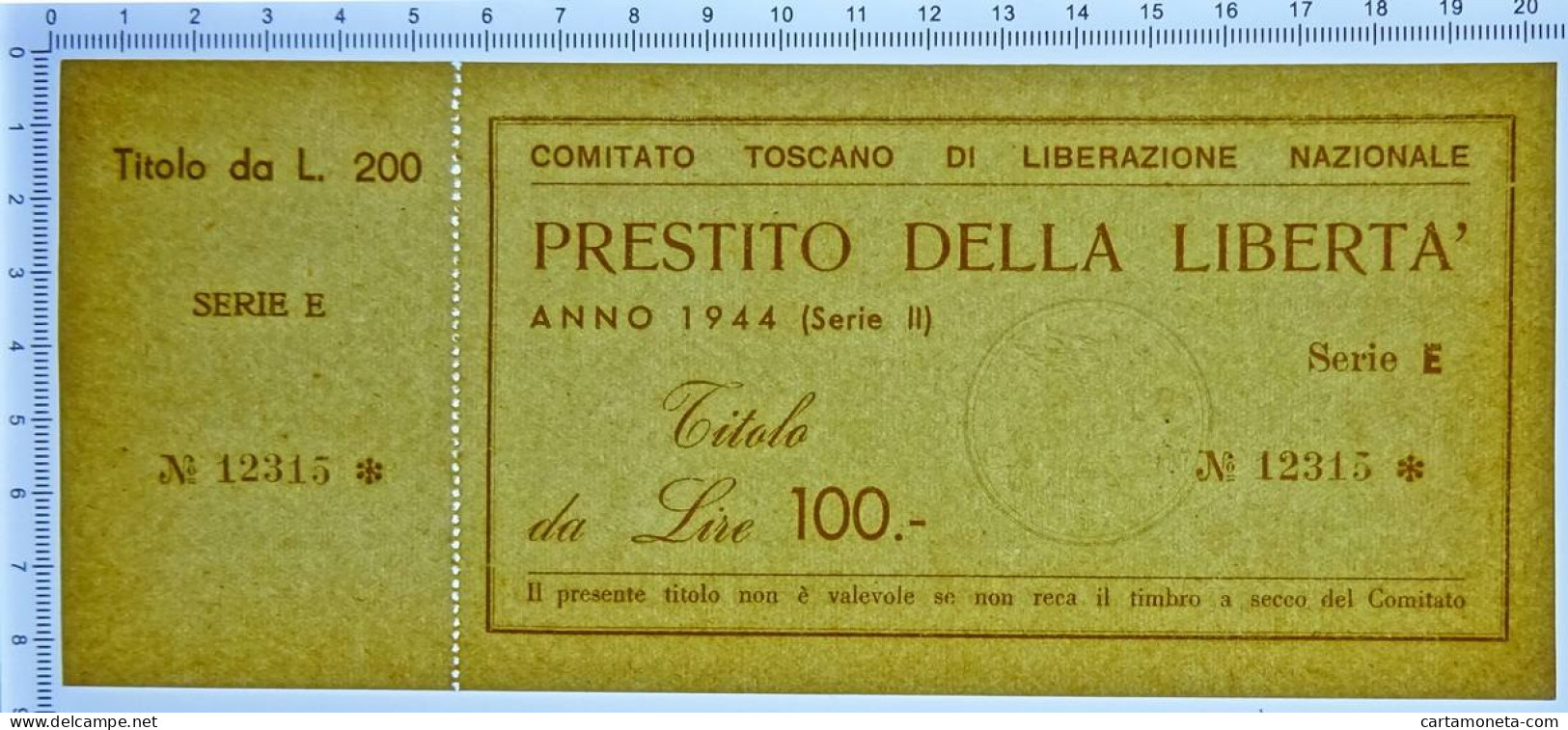100 LIRE CON MATRICE PRESTITO LIBERTÀ COMITATO TOSCANO LIBERAZIONE 1944 QFDS - Other & Unclassified