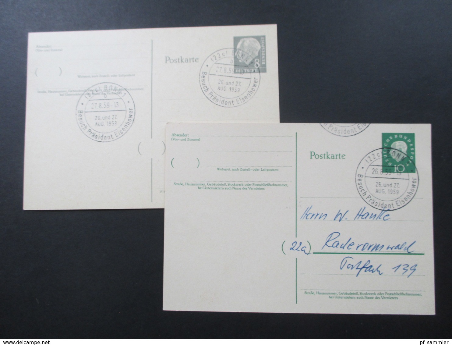 BRD 1959 Heuss Ganzsachen Mit SST Bonn 1 Besuch Präsident Eisenhower 26. Und 27. Aug. 1959 - Briefe U. Dokumente